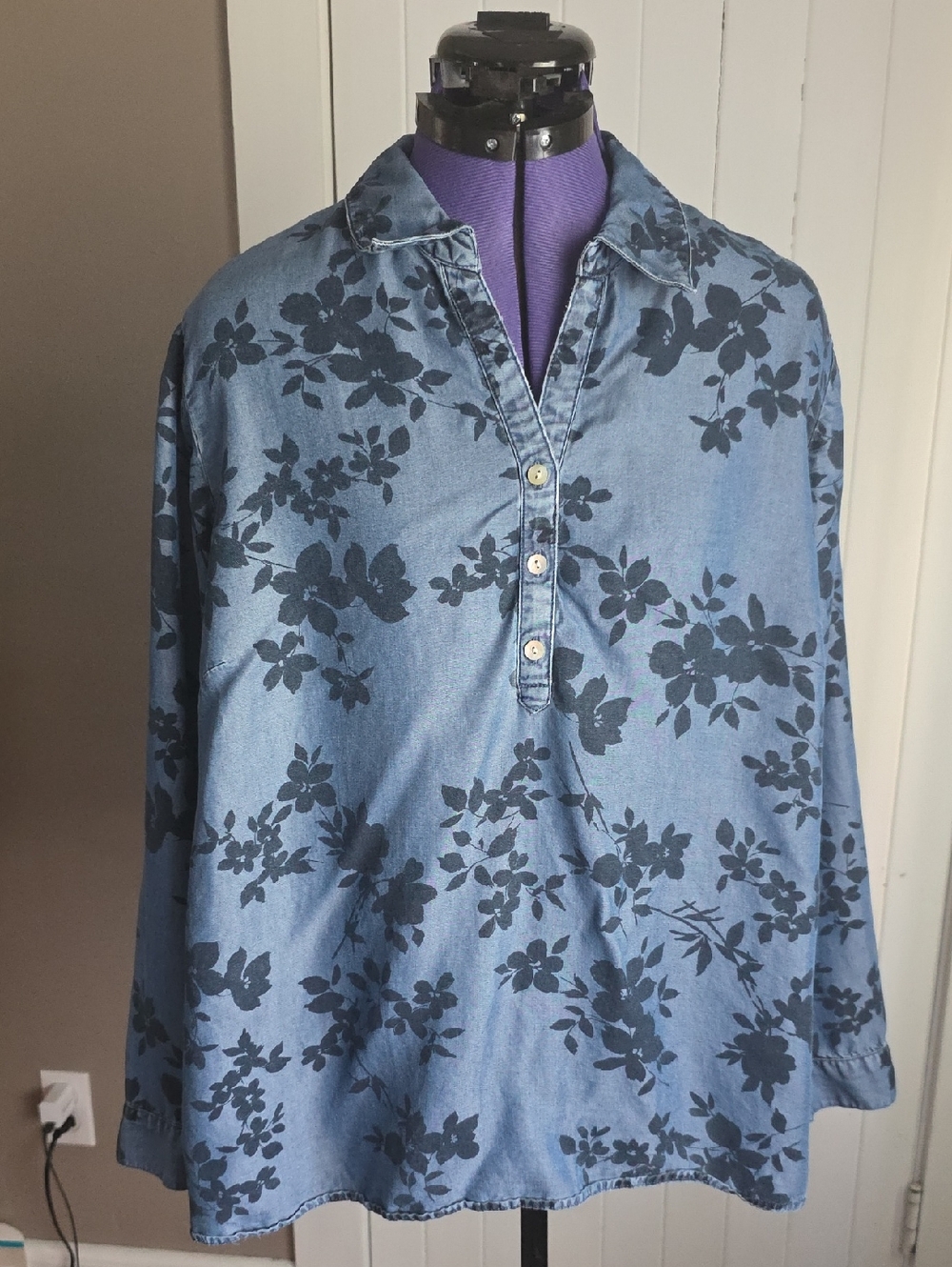J. Jill Blue Denim-Look Floral Popover Blouse